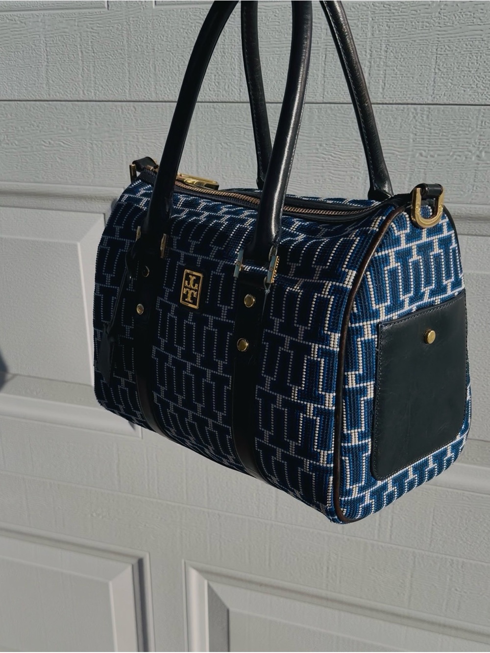 Tory Burch Blue Patterned Canvas Satchel with Black Leather Trim Logo Gold Purse